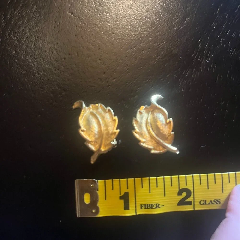 Vintage Brushed Gold Tone Leaf Brooch and Clip on Earring Set